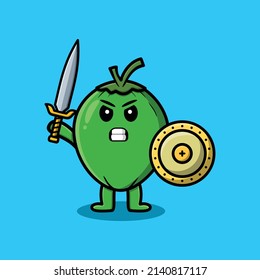 Cute cartoon character Coconut holding sword and shield