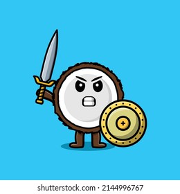 Cute cartoon character Coconut holding sword and shield in modern style design