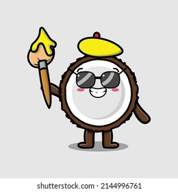 Cute cartoon character Coconut painter with hat and a brush to draw in cute design style design