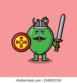 Cute cartoon character Coconut viking pirate with hat and holding sword and shield