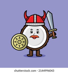 Cute cartoon character Coconut viking pirate with hat and holding sword and shield