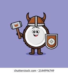 Cute cartoon character Coconut viking pirate with hat and holding hammer and shield