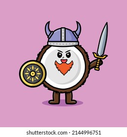 Cute cartoon character Coconut viking pirate with hat and holding sword and shield