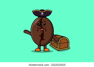 Cute cartoon character Coffee beans pirate with treasure box illustration in modern style design