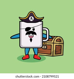Cute cartoon character Coffee tea cup pirate with treasure box in modern style design for t-shirt, sticker logo element
