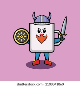 Cute cartoon character Coffee tea cup viking pirate with hat and holding sword and shield in cute modern style design for t-shirt, sticker, logo element, poster