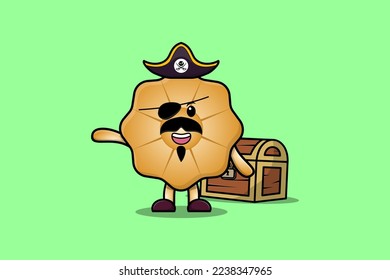 Cute cartoon character Cookies pirate with treasure box illustration in modern style design