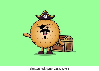 Cute cartoon character Cookies pirate with treasure box illustration in modern style design