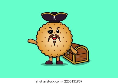 Cute cartoon character Cookies pirate with treasure box illustration in modern style design