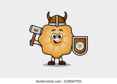 Cute cartoon character Cookies viking pirate with hat and holding hammer and shield