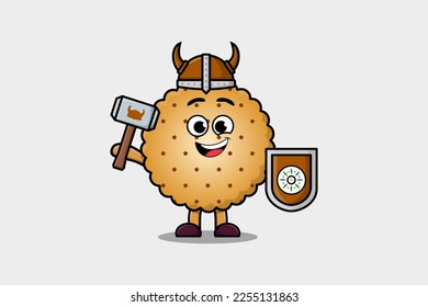 Cute cartoon character Cookies viking pirate with hat and holding hammer and shield