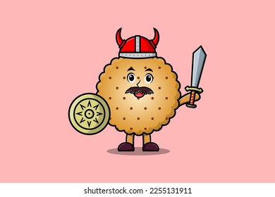 Cute cartoon character Cookies viking pirate with hat and holding sword and shield illustration