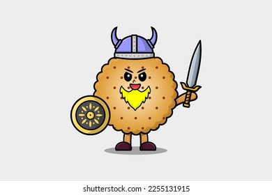 Cute cartoon character Cookies viking pirate with hat and holding sword and shield illustration