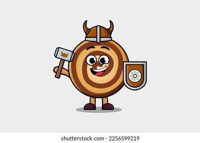 Cute cartoon character Cookies viking pirate with hat and holding hammer and shield