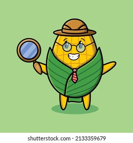 Cute cartoon character Corn detective is searching with magnifying glass and cute style design