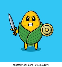 Cute cartoon character corn holding sword and shield