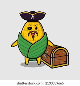 Cute cartoon character Corn pirate with treasure box in modern style design