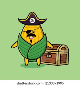 Cute cartoon character Corn pirate with treasure box in modern style design