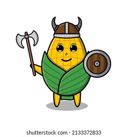 Cute cartoon character Corn viking pirate with hat and holding ax and shield in modern design