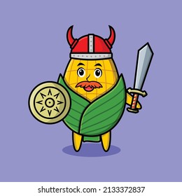 Cute cartoon character corn viking pirate with hat holding sword and shield