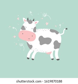 Cute cartoon character cow. Print for baby shower party. Vector print with baby cow.