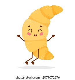 Cute cartoon character croissant jumps for joy. Vector illustration isolated on white background.