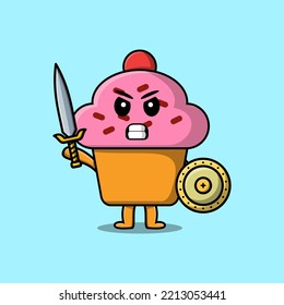 Cute cartoon character Cupcake holding sword and shield in modern style design