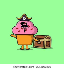 Cute cartoon character Cupcake pirate with treasure box illustration in modern style design