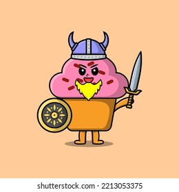 Cute cartoon character Cupcake viking pirate with hat and holding sword and shield illustration