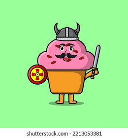 Cute cartoon character Cupcake viking pirate with hat and holding sword and shield illustration