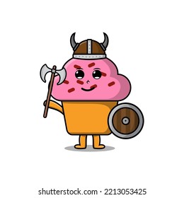 Cute cartoon character Cupcake viking pirate with hat and holding hammer and shield