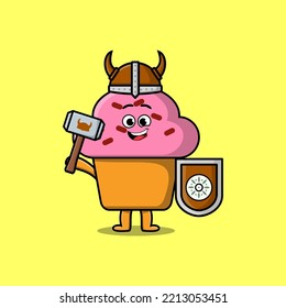 Cute cartoon character Cupcake viking pirate with hat and holding hammer and shield