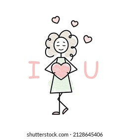 Cute cartoon character curly girl with a heart saying I love you gift card vector illustration