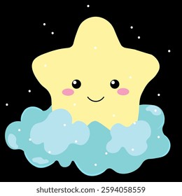 Cute cartoon character in dark night sky. Yellow star sits on  cloud, snowflakes are falling around. Character is smile, black eyes, pink cheeks. Environment.