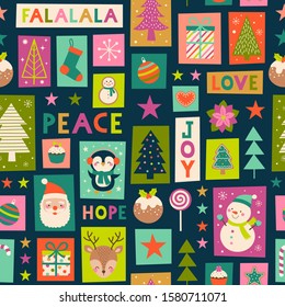 Cute cartoon character and decorative elements for christmas celebration background.