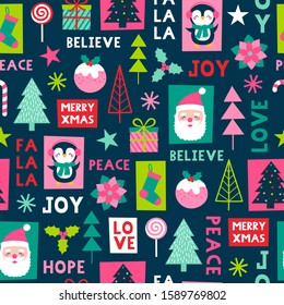 Cute cartoon character and decorative elements for christmas celebration background.