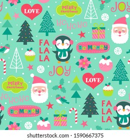 Cute cartoon character and decorative elements for christmas celebration background.