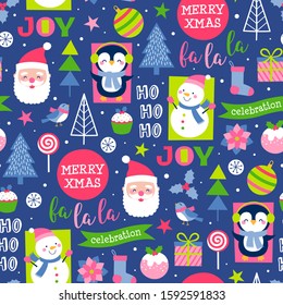 Cute cartoon character and decorative elements for christmas and new year celebration background.