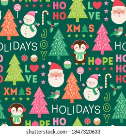 Cute cartoon character and decorative elements for christmas and new year seamless pattern.