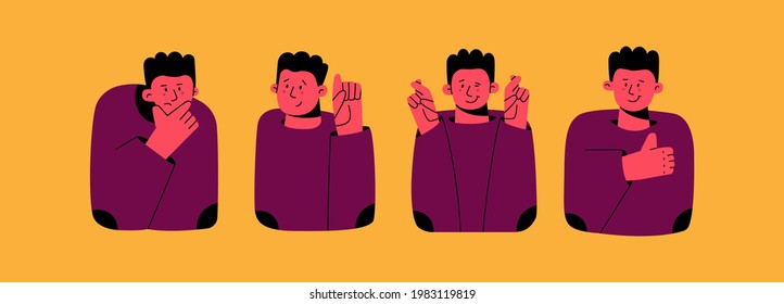 Cute cartoon character demonstrating various hand gestures. Thumbs up, fingers crossed, like, thoughtful. Vector illustration for business presentations, stickers, prints.