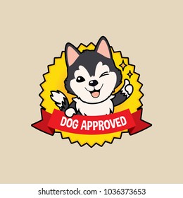 Cute cartoon character design black grey Siberian Husky dog on badge design action thumb up , dog approved symbols ,flat style, guarantee vector illustration