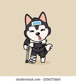 Cute cartoon character design black grey Siberian Husky dog get sick and broken leg. use cooling fever patch on forehead?
