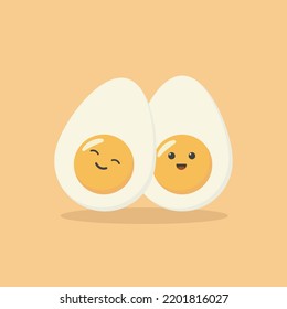 Cute cartoon character design of boiled egg vector illustration isolated on yellow background. Happy cute smiling funny kawaii boiled egg