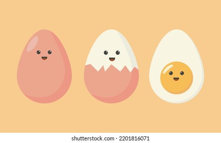Cute cartoon character design of boiled egg vector illustration isolated on yellow background. Happy cute smiling funny kawaii boiled egg