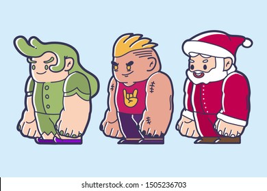 Cute cartoon character design of a fairy, mohawk man and santa claus set