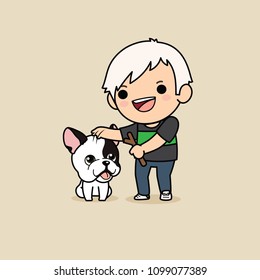 Cute cartoon character design French Bulldog with a man play game with a branch for dog. , vector illustration