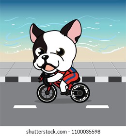 Cute cartoon character design French Bulldog action ridding a bicycle on street , beach background , vector illustration
