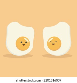 Cute cartoon character design of fried egg vector illustration isolated on yellow background. Happy cute smiling funny kawaii fried egg