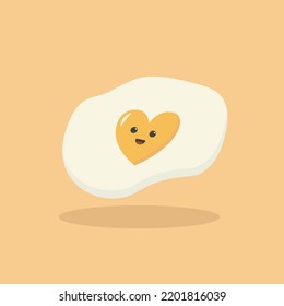 Cute cartoon character design of fried egg vector illustration isolated on yellow background. Happy cute smiling funny kawaii fried egg with heart yolk