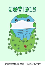 cute cartoon character Design of globe Sit on coronavirus.